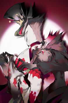 2boys absurdres black_feathers black_hat blitzo_(helluva_boss) demon_boy demon_horns demon_tail extra_eyes feathers hat hellaverse helluva_boss highres horns kiss multiple_boys red_eyes stolas_(helluva_boss) tail zhu_xing_pupupu