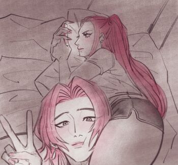 Rule 34 | 1boy, 1girl, closed mouth, commentary, english commentary, fingernails, highres, holding, holding phone, i'm this clingy (meme), indoors, kpop demon hunters, long fingernails, long hair, makeup, mascara, medium hair, meme, mira (kpop demon hunters), oolelele, phone, romance (kpop demon hunters), shirt, shorts, sidelocks, t-shirt, twintails, v