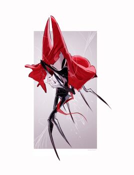 1girl arthropod_girl artist_name black_skin border chinese_commentary cloak colored_skin commentary_request crossed_legs film_grain full_body grey_background halftone highres hightguy hollow_eyes hollow_knight hollow_knight:_silksong horned_mask hornet_(hollow_knight) looking_down mask outside_border own_hands_together red_cloak simple_background solo standing thread white_border white_mask