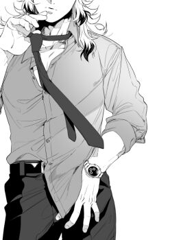 1boy adjusting_clothes adjusting_necktie belt closed_mouth collared_shirt colored_tips contemporary cowboy_shot dress_shirt greyscale hand_on_own_hip hand_under_clothes hand_up hashimoto_(yanagi-momo) head_out_of_frame kimetsu_no_yaiba long_hair long_sleeves looking_at_viewer loose_necktie male_focus monochrome multicolored_hair necktie open_collar pants partially_unbuttoned pectorals rengoku_kyoujurou shirt simple_background sleeves_rolled_up solo standing streaked_hair two-tone_hair watch white_background wristwatch