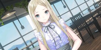 1girl black_ribbon blonde_hair blue_reflection_(series) blue_reflection_sun blue_sky cafe center_frills chair day dutch_angle frills game_cg green_eyes hanging_plant highres indoors ivy kishida_mel long_hair looking_at_viewer morisaki_alesia_yu neck_ribbon non-web_source parted_bangs plant potted_plant ribbon shirt sky sleeveless sleeveless_shirt solo table upper_body wavy_mouth white_shirt wooden_floor