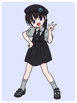 1girl :d beret black_hair blue_background braid commentary_request dress full_body hand_on_own_hip hat looking_at_viewer nomi_yasuharu open_mouth original purple_eyes shoes short_sleeves smile socks solo standing striped_background twin_braids v