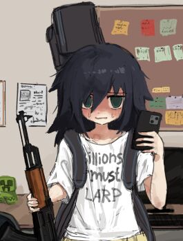 1girl ak-47 alinkun artist_name assault_rifle backpack bag black_hair blush bulletin_board computer_keyboard creeper dot_nose green_eyes guitar_case gun highres holding holding_gun holding_phone holding_weapon indoors instrument_case kalashnikov_rifle kuroki_tomoko looking_at_viewer meme mirror_selfie monitor nervous nervous_sweating parted_lips phone rifle selfie shirt short_sleeves solo standing sweat sweatdrop troll_face upper_body watashi_ga_motenai_no_wa_dou_kangaetemo_omaera_ga_warui! weapon white_shirt