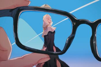 1boy 1girl amidura arms_behind_back black-framed_eyewear black_dress blue_sky breasts buddhist_nun closed_eyes commentary contrail day dress facing_another facing_viewer fate/extra fate/extra_ccc fate_(series) gold_necklace hans_christian_andersen_(fate) holding holding_removed_eyewear jewelry long_sleeves medium_breasts necklace open_mouth out_of_frame outdoors sessyoin_kiara side_slit sky smile unworn_eyewear veil white_veil wide_sleeves