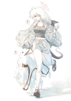 absurdres black_camisole blue_archive borzoi braid breasts camisole demon_wings dog halo haruna_(blue_archive) highres jacket jogging long_hair medium_breasts musical_note open_mouth pet_walking shoes shorts side_braid simple_background smile sneakers spoken_musical_note sunnysideup tail white_background white_dog white_hair white_jacket white_shorts wings