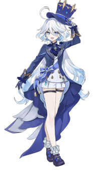Rule 34 | 1girl, :d, adjusting clothes, adjusting headwear, ahoge, ascot, asymmetrical gloves, blue ascot, blue bow, blue eyes, blue gem, blue hair, blue hat, blue jacket, blue pupils, blue ribbon, blue shoes, blush, bow, commentary request, crown (symbol), dot nose, eyelashes, footwear bow, frilled socks, frills, full body, furina (genshin impact), gem, genshin impact, gloves, hat, heterochromia, highres, jacket, long hair, long sleeves, mismatched gloves, multicolored hair, open clothes, open jacket, open mouth, ribbon, shirt, shoes, short shorts, shorts, simple background, smile, socks, solo, standing, tarano0125, thigh strap, top hat, two-tone hair, white background, white hair, white shirt, white shorts, white socks