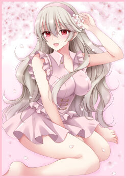 1girl :d alternate_costume arm_up bare_arms bare_legs barefoot between_legs border breasts brown_hair cleavage collared_shirt commentary_request female_corrin_(fire_emblem) fire_emblem fire_emblem_fates flower hair_between_eyes hairband hand_between_legs highres kirishima_riona large_breasts long_hair looking_at_viewer nintendo open_mouth petals pink_border pink_hairband pink_shirt pink_skirt pleated_skirt pointy_ears red_eyes shirt skirt smile solo very_long_hair white_flower