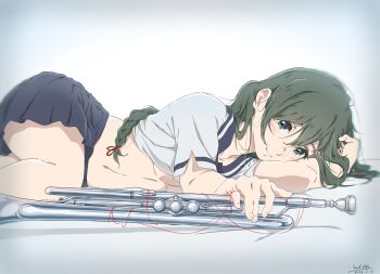 Rule 34 | 1girl, absurdres, braid, breasts, cleavage, clothes lift, green eyes, green hair, hibike! euphonium, highres, instrument, long hair, looking at viewer, lying, official style, on side, pleated skirt, sailor collar, saitou aoi, school uniform, shirt lift, skirt, smile, solo, string, string of fate, tanaka29556626, trumpet, underboob