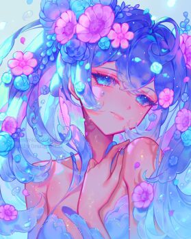 Rule 34 | 1girl, aqua nails, bare shoulders, blue eyes, blue flower, blue hair, blue nails, bra, commission, english text, flower, hair between eyes, hair flower, hair ornament, hatsune miku, head tilt, highres, long hair, looking at viewer, orange sekaii, portrait, purple bra, purple flower, rose, simple background, solo, twintails, underwear, upper body, very long hair, vocaloid, white background, white flower