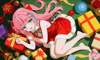 1girl absurdres barefoot bell blue_streaks bow bowtie christmas christmas_present christmas_ornaments commentary dress fake_antlers fetal_position film_grain full_body fur-trimmed_dress fur_trim gift green_eyes green_streaks hair_intakes hair_ornament hair_ribbon hairclip hanako_nana happy highres light_blush long_hair looking_at_viewer lying multicolored_hair neck_bell on_floor on_side open_mouth pink_hair red_dress red_ribbon red_streaks ribbon shirt short_dress sleeveless sleeveless_dress sleeveless_shirt smile solo stellive streaked_hair striped_bow striped_bowtie striped_clothes symbol-only_commentary two_side_up virtual_youtuber white_shirt x_hair_ornament yeoun