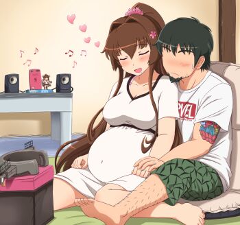 10s 1boy 1girl artist_self-insert bad_id bad_pixiv_id beamed_quavers beard black_hair blush bra brown_hair mp3_player dress drooling facial_hair figure unworn_headwear heart ipod jewelry kantai_collection long_hair musical_note pink_bra ponytail pregnant quaver ring shin'en-san_(shin'en) shin'en_(gyokuro_company) short_hair shorts sleeping speaker sweatdrop tattoo underwear wedding_band yamato_(kancolle)