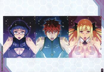 1boy 2girls :o absurdres artbook blue_hair bodysuit breasts cleavage elbow_gloves floating_hair glasses gloves hair_ribbon highres inui_asahi inui_honoka large_breasts lips long_hair looking_at_viewer multicolored_bodysuit multiple_girls non-web_source official_art open_mouth pink_eyes revealing_clothes ribbon scan see-through_clothes serious shatte_judevesten shiny_skin short_hair super_robot_wars super_robot_wars_x-omega two-tone_bodysuit upper_body very_long_hair watanabe_wataru_(character_designer)