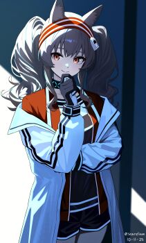 1girl absurdres angelina_(arknights) animal_ear_fluff animal_ears arknights artist_name black_collar black_gloves black_shorts brown_hair closed_mouth coat collar commentary cowboy_shot dated fox_ears fox_girl gloves headband highres infection_monitor_(arknights) long_hair long_sleeves looking_at_viewer material_growth open_clothes open_coat oripathy_lesion_(arknights) red_eyes red_headband short_shorts shorts smile solo starelium twintails two-tone_gloves white_coat white_gloves