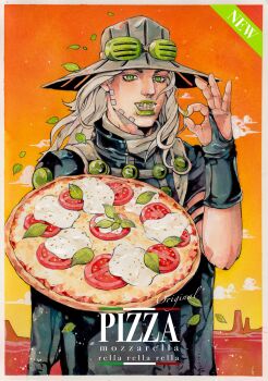 1boy absurdres beard black_bridal_gauntlets black_cape black_shirt bridal_gauntlets cape cheese_song_(meme) cloud cloudy_sky commentary cowboy_hat english_commentary english_text facial_hair food goggles goggles_on_headwear gold_teeth green_eyes green_lips grey_hair grey_hat grills gyro_zeppeli hat highres holding holding_food holding_pizza jojo_no_kimyou_na_bouken leaf long_hair looking_at_viewer makeup male_focus meme ok_sign orange_sky pizza shirt short_sleeves sky solo sparkle steel_ball_run tomato tomato_slice traditional_media xfkart