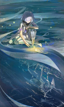 1girl absurdres chinese_commentary commentary_request different_reflection dress grey_hair hair_ornament hair_over_one_eye halo high_heels highres huqu_(huqu45712) jacket long_hair looking_down mornye_(wuthering_waves) night outdoors purple_dress red_eyes reflection reflective_liquid see-through_body sitting sky solo star_(sky) starry_sky white_jacket wuthering_waves