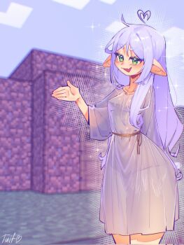 Rule 34 | 1girl, :d, ahoge, commentary, dirt, elf, english commentary, fang, frieren, green eyes, hair down, heart, heart ahoge, highres, messy hair, minecraft, open mouth, parted bangs, pointy ears, presenting, short eyebrows, signature, skin fang, sleepwear, smile, solo, sousou no frieren, sparkle, tuiffff, white hair, wide hips