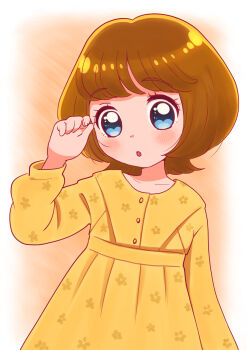 Rule 34 | 1girl, :o, blue eyes, brown hair, dress, highres, ichinose minori, kyanos (b 0000ff), long sleeves, looking at viewer, no eyewear, open mouth, precure, short hair, solo, tropical-rouge! precure, upper body, variant set, yellow dress