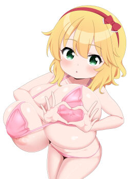 Rule 34 | 1girl, :o, absurdres, bikini, blonde hair, breasts, covered erect nipples, cowboy shot, green eyes, hairband, heart, heart-shaped boob challenge, heart hands, highres, huge breasts, idolmaster, idolmaster cinderella girls, idolmaster cinderella girls u149, looking at viewer, medium hair, micro bikini, nagashima (nagatol), nipple slip, nipples, oppai loli, pink bikini, red hairband, sakurai momoka, simple background, solo, swimsuit, white background