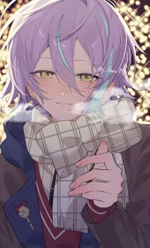 1boy commentary hand_up j_goux99 jacket kamishiro_rui looking_at_viewer neck_ribbon open_clothes open_jacket project_sekai purple_hair red_jacket ribbon scarf smile solo symbol-only_commentary teeth watermark yellow_eyes