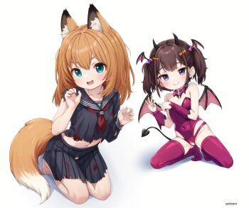 2girls :d animal_ear_fluff animal_ears aqua_eyes artist_name barefoot black_sailor_collar black_serafuku black_shirt black_skirt blood blood_stain breasts brown_hair carrot_(comodox) claw_pose closed_mouth commentary comodox covered_navel demon_horns demon_tail demon_wings detached_collar english_commentary fang fox_ears fox_tail hands_up head_wings highres horns leotard long_hair long_sleeves looking_at_viewer midriff miniskirt multiple_girls navel neckerchief no_shoes open_mouth original penetration_gesture pink_leotard pink_thighhighs pleated_skirt purple_eyes red_neckerchief sailor_collar school_uniform seiza serafuku shirt short_hair simple_background sitting skin_fang skirt small_breasts smile sol_(comodox) spread_legs strapless strapless_leotard tail thighhighs toes torn_clothes torn_shirt torn_skirt twintails white_background wings
