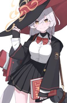 1girl absurdres black_jacket black_skirt blue_archive blush bolt_action book bow bowtie braid breasts brown_eyes carcano collared_shirt commentary crossed_bangs earrings eri_(blue_archive) gun hair_between_eyes halo haramaki_(haranomaki) hat highres holding holding_book jacket jewelry long_hair long_sleeves looking_at_viewer multiple_rings open_clothes open_jacket pleated_skirt red_bow red_bowtie rifle ring shirt shirt_tucked_in side_braid simple_background skirt sleeves_past_wrists smile solo weapon white_background white_shirt witch_hat
