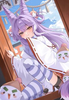 1girl ^_^ absurdres ahoge bike_shorts_under_skirt blue_eyes blush_stickers brown_eyes brown_pupils closed_eyes closed_mouth commentary cone_hair_bun creature day doorway double_bun fang floating_hair full_body hair_bun hair_intakes heterochromia highres inari_(tenko_shibuki) kosode long_hair long_sleeves looking_at_viewer miniskirt multicolored_hair nhom_(woogi) open_mouth pink_pupils pleated_skirt pom_pom_(clothes) purple_hair purple_shirt red_skirt shirt skirt smile solo squatting stellive streaked_hair striped_clothes striped_thighhighs symbol-only_commentary tabi tenko_shibuki thighhighs v-shaped_eyebrows virtual_youtuber wide_sleeves