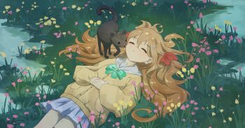 1girl absurdres blue_sailor_collar blue_skirt bow bowtie brown_hair cardigan cat closed_eyes feet_out_of_frame from_above from_side grass green_bow green_bowtie hair_between_eyes hair_ornament hair_ribbon hands_on_own_stomach hashtag-only_commentary heart heart_hair_ornament highres kapxapius long_hair long_sleeves lying miniskirt neuro-sama on_back on_grass outdoors parted_lips pleated_skirt red_ribbon ribbon sailor_collar skirt snow turtle vedal987 vedal_ai virtual_youtuber yellow_cardigan