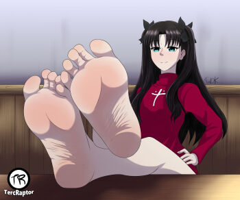barefoot blush fate_(series) foot_tease happy highres leaning_forward sitting smile spread_legs tohsaka_rin