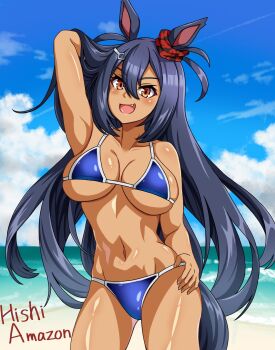 1girl animal_ears beach bikini blue_bikini blue_sky breasts brown_eyes character_name cloud commentary_request dark-skinned_female dark_skin day ear_scrunchie fang hand_on_own_hip highres hishi_amazon_(umamusume) horizon horse_ears horse_girl horse_tail large_breasts long_hair ocean ogino_nel outdoors red_scrunchie scrunchie skin_fang sky smile solo string_bikini swimsuit tail two_side_up umamusume