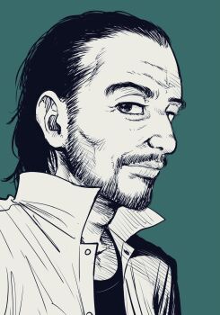 1boy collared_shirt commentary_request facial_hair goatee green_background greyscale_with_colored_background hatching_(texture) highres lee_(dragon_garou) looking_at_viewer male_focus mature_eyes mature_male original portrait profile receding_hairline shirt solo