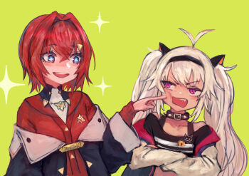 Rule 34 | + +, 2girls, absurdres, ahoge, ange katrina, ange katrina (1st costume), black headband, black jacket, black shirt, blue eyes, crossed arms, dark-skinned female, dark skin, green background, hair ornament, hairpin, headband, highres, jacket, long hair, looking at another, matsukai mao, matsukai mao (1st costume), multiple girls, nijisanji, poking another's breast, purple eyes, red hair, red jacket, sabamiso taro, shirt, short hair, twintails, virtual youtuber