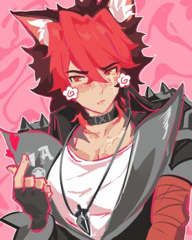 animal_ears blush cat_ears choker gakuran highres komano_manato outline red_eyes red_fur red_hair red_outline school_uniform shoulder_spikes spikes urennnii zenless_zone_zero