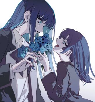 2girls ado_(utaite) black_nails blue_eyes blue_flower blue_hair blue_rose bouquet chando_(ado) colored_inner_hair commentary_request dual_persona flower highres long_hair long_sleeves mole mole_under_eye multicolored_hair multiple_girls nail_polish open_mouth orihara_(ewkkyorhr) rose sidelocks simple_background upper_body utaite white_background