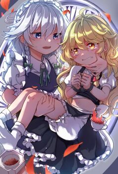 2girls absurdres apron back_bow black_vest blonde_hair bloomers blue_dress blue_eyes blush bound bound_wrists bow braid carrying carrying_person clenched_teeth collared_shirt commentary_request cup dress falling_leaves green_bow grey_hair hair_bow highres izayoi_sakuya kirisame_marisa leaf long_hair maid_headdress midriff multiple_girls navel neck_ribbon open_mouth pinafore_dress princess_carry puffy_short_sleeves puffy_sleeves red_bow ribbon rope shirt short_sleeves side_braid single_braid sleeveless sleeveless_dress smile socks tea teacup tearing_up teeth tigern touhou twin_braids underwear vest waist_apron white_bloomers white_bow white_shirt white_socks yellow_eyes yuri