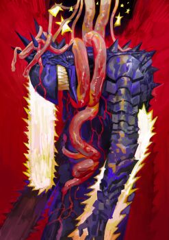 1boy absurdres chainsaw chainsaw_devil chainsaw_man head_down hieumay highres intestines mechanical_head monster monster_boy no_eyes organs red_background scarf sharp_teeth simple_background solo spikes teeth veins