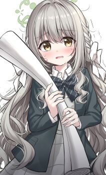 1girl between_breasts blue_archive blush bow bowtie braid breasts brown_hair collared_shirt commentary_request cowboy_shot crying crying_with_eyes_open diagonal-striped_bow diagonal-striped_bowtie diagonal-striped_clothes eyes_visible_through_hair furrowed_brow green_halo green_jacket grey_skirt hair_between_eyes hair_bow hair_intakes hair_ribbon halo hands_up highres holding holding_paper jacket long_hair long_sleeves looking_at_viewer miyo_(blue_archive) open_clothes open_jacket open_mouth paper plaid_clothes plaid_skirt ribbon ribbon_braid rolled-up_paper school_uniform shirt side_braids sidelocks simple_background skirt solo striped_bow striped_bowtie striped_clothes tears trembling tyutaka0427 very_long_hair wavy_hair white_background white_bow white_ribbon white_shirt yellow_eyes