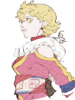 Rule 34 | 1girl, baten kaitos, blonde hair, breasts, closed mouth, commentary request, creature, earrings, greythorne, highres, jewelry, lips, looking at viewer, shirako (kirupi), short hair, simple background, smile, solo, watermark, white background, xelha (baten kaitos), yellow eyes