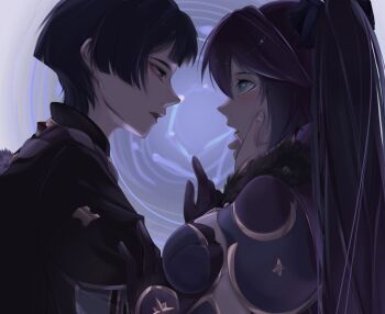 1boy 1girl aqua_eyes black_bow black_gloves black_hair black_kimono black_sleeves blue_leotard blunt_bangs blunt_ends bow breasts byyou_all cheek_squash deep_skin eyeliner eyeshadow fingernails from_side fur_collar genshin_impact gloves gold gold_trim grabbing_another&#039;s_face grey_eyes grey_sleeves hair_bow hand_on_another&#039;s_arm hands_on_another&#039;s_cheeks hands_on_another&#039;s_face hands_up head_grab hetero highres japanese_clothes jewelry kimono layered_sleeves leotard long_hair looking_at_another magic_circle makeup medium_breasts mona_(genshin_impact) neck_ring open_mouth pom_pom_(clothes) profile purple_hair purple_rope purple_sleeves red_eyeliner red_eyeshadow rope scaramouche_(genshin_impact) shimenawa short_sleeves sideboob sidelocks star_ornament teeth tsurime twintails upper_teeth_only white_rope