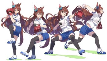 1girl absurdres ahoge animal_ears baseball baseball_glove black_thighhighs blue_shorts bow braid breasts brown_eyes brown_hair closed_mouth ear_bow floating_hair full_body hair_between_eyes high_heels highres horse_ears horse_girl horse_tail long_hair looking_afar mejiro_bright_(umamusume) motion_blur multiple_views navel nishiki_kazue open_mouth original_race_uniform_(umamusume) pitching race_bib sequential shirt shoes short_sleeves shorts small_breasts smile sneakers standing standing_on_one_leg tail thighhighs throwing umamusume v-shaped_eyebrows white_background white_shirt