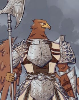 1boy armor bird_boy breastplate commentary elden_ring elden_ring_nightreign english_commentary faulds furry furry_male guardian_(elden_ring) highres holding holding_polearm holding_weapon knight male_focus marmarta pauldrons polearm shoulder_armor solo weapon wings yellow_eyes