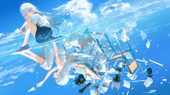 1girl :t album_cover arm_on_knee ashima_(roro046) black_sailor_collar black_shoes black_skirt blue_eyes blue_ribbon blue_sky breasts calligraphy_brush camera chair closed_mouth cloud commentary_request cover cumulonimbus_cloud cup different_reflection dress floating_hair flying_paper frilled_dress frills from_side full_body hair_intakes hand_on_own_arm headphones highres inkwell knees_up light_blush light_particles loafers long_hair looking_ahead looking_to_the_side marker medium_dress microphone miniskirt neckerchief original paintbrush paper paper_airplane parted_bangs pleated_skirt profile reflection reflection_focus ribbon sailor_collar school_chair school_uniform serafuku shirt shirt_tucked_in shoes short_sleeves sidelocks sideways_glance sitting skirt sky sleeveless sleeveless_dress small_breasts smile solo table teacup throwing unworn_clothes very_long_hair white_dress white_hair white_shirt wind yellow_neckerchief