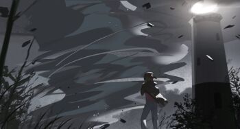 1other bag bamboo character_request check_character dark falling_paper feet_out_of_frame from_behind from_below grass hat highres hood hood_down jacket life_is_strange_(series) life_is_strange_1 light_particles lighthouse ma_someru max_caulfield muted_color scenery short_hair shoulder_bag solo wind