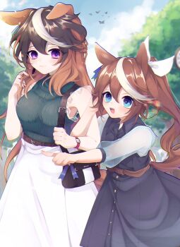 Rule 34 | 2girls, :d, alternate costume, analog clock, animal ears, bag, belt, bird, black bag, blue eyes, bow, brown belt, brown hair, button up skirt, clock, collared dress, commentary, dress, droopy ears, ear ornament, earrings, ears down, flock, green sweater, hair tie, handbag, highres, horse ears, horse girl, horse tail, jewelry, locked arms, long hair, looking ahead, looking at another, multicolored hair, multiple girls, open mouth, outdoors, playing with own hair, pleated dress, pointing, ponytail, purple eyes, ruru (rurucyan), see-through clothes, see-through sleeves, shoulder bag, single earring, skirt, sleeveless, sleeveless sweater, smile, sparkling eyes, streaked hair, sweater, symboli rudolf (umamusume), tail, tokai teio (umamusume), tree, umamusume, watch, white bow, white hair, white skirt, white streaks, wristwatch, yuri