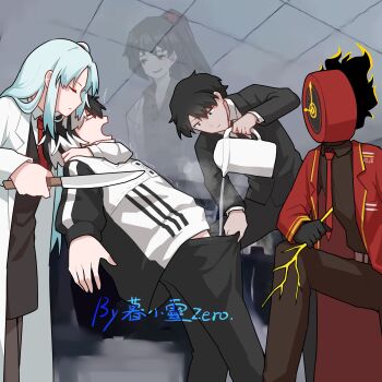 1boy 1other 3girls angela_(project_moon) black_eyes black_hair black_pants black_shirt black_sleeves blue_hair carmen_(project_moon) clock closed_eyes closed_mouth coat collared_shirt commentary_request dante_(limbus_company) fire golden_bough_(limbus_company) highres holding holding_kettle holding_knife jacket jang_schna kettle knife library_of_ruina limbus_company lobotomy_corporation long_hair mu_xiao_ling_zero multiple_girls necktie object_head pants photo-referenced pouring project_moon red_coat red_necktie roland_(project_moon) shirt steam very_long_hair virtual_youtuber white_jacket