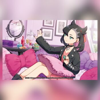 1girl asymmetrical_bangs black_boots black_choker black_hair black_jacket black_nails blurry blurry_background boots bottle choker closed_mouth commentary company_name copyright_name copyright_notice cosmetics curtains dress earrings english_commentary eyelashes fingernails green_eyes hair_ribbon holding holding_brush indoors jacket jewelry lap_pillow leather leather_jacket long_sleeves marnie_(pokemon) mirror nail_polish nail_polish_bottle nail_polish_brush nintendo official_art open_clothes open_jacket perfume_bottle picture_frame pillow pink_dress pokemon pokemon_swsh pokemon_tcg red_ribbon ribbon saino_misaki sitting smile solo table third-party_source tissue_box twintails undercut