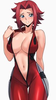 1girl absurdres artist_name blue_eyes breasts code_geass collarbone hair_intakes highres kouzuki_kallen large_breasts looking_at_viewer mecha_pilot_suit navel red_bodice red_hair short_hair simple_background solo solo_focus standing stomach unzipped white_background yoo_tenchi