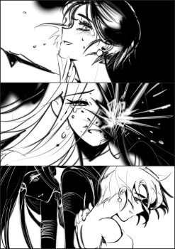 2girls alien_stage bare_shoulders commentary crying earrings english_commentary greyscale hand_on_own_chin hand_on_own_shoulder head_back highres jewelry long_hair looking_back looking_down mijiang_47 mizi_(alien_stage) monochrome multiple_girls one_eye_covered open_mouth portrait short_hair smile sua_(alien_stage) tears
