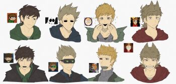 Rule 34 | 210hal3, 6+boys, :3, age comparison, animification, antenna hair, artificial eye, bandage on cheek, beard stubble, black coat, black necktie, black vest, blonde hair, blue eyes, blue hoodie, blue shirt, brown eyes, brown hair, coat, collared shirt, commentary request, cropped shoulders, derivative work, drawstring, dual persona, edd (eddsworld), eddsworld, facial hair, flipped hair, future edd (eddsworld), future matt (eddsworld), future tom (eddsworld), green hoodie, green jacket, grey eyes, grin, hair behind ear, hair ears, hands up, head-mounted display, highres, hollow eyes, hood, hood down, hoodie, jacket, lcd, long sleeves, looking at viewer, male focus, matt (eddsworld), mature male, mechanical eye, multiple boys, necktie, open clothes, open coat, open jacket, open mouth, plain epaulettes, purple hoodie, purple sweater, red hoodie, reference inset, screenshot inset, screenshot redraw, shirt, short hair, signature, simple background, smile, sparkle, spiked hair, stubble, surprised, sweater, swept bangs, tom (eddsworld), tord (eddsworld), trench coat, turtleneck, turtleneck sweater, uneven eyes, vest, white background