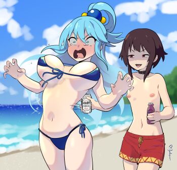 2girls :d absurdres aqua_(konosuba) areola_slip beach beer_can bikini blue_bikini blue_eyes blue_hair blue_sky blush bottle breasts breasts_apart brown_hair can choker cloud commentary crossdressing crossdressing_(ftm) drawstring drink_can english_commentary female_focus highres kono_subarashii_sekai_ni_shukufuku_wo! loli long_hair maho_malice male_swimwear male_swimwear_challenge megumin multiple_girls navel nipples ocean open_mouth outdoors ponytail red_eyes red_male_swimwear red_swim_trunks sky small_breasts smile source_request swim_trunks swimsuit tears teeth tomboy tongue topless_female