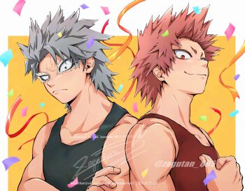 2boys absurdres birthday_connection boku_no_hero_academia commentary_request confetti ear_piercing grey_hair grey_tank_top highres kirishima_eijiro light_smile looking_at_viewer male_focus medium_hair multiple_boys piercing red_eyes red_hair red_tank_top short_hair signature spiked_hair streamers tank_top tetsutetsu_tetsutetsu toned toned_male tragus_piercing twitter_username upper_body watermark zagutan_895